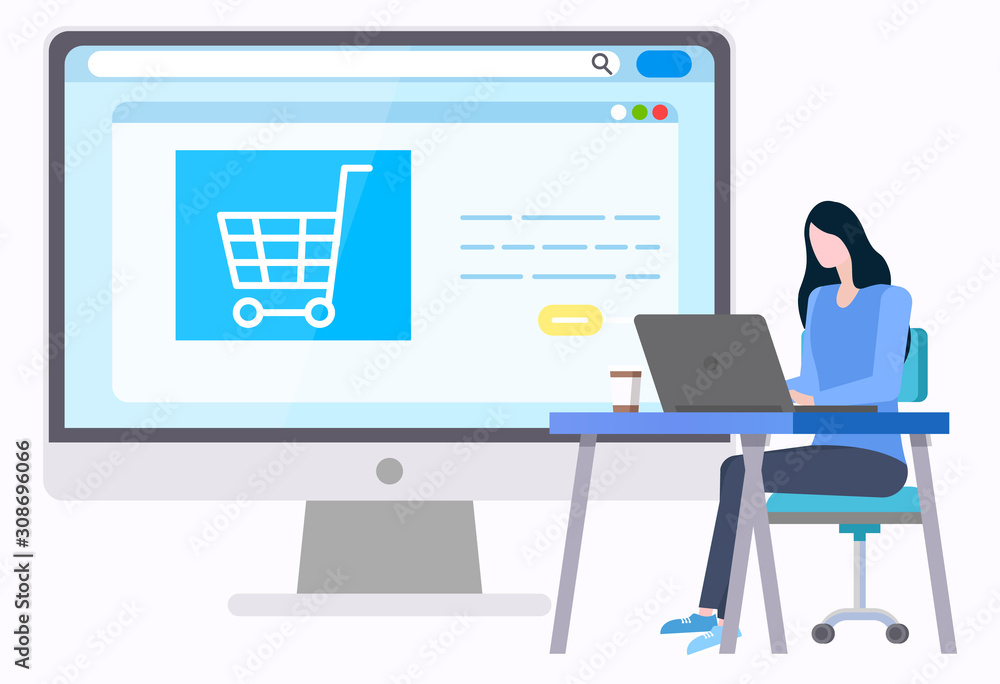 Woman buyng goods in Internet, empty basket on site at screen. Vector business planning and savings, female working on laptop, buyer making purchases online Woman buyng goods in Internet, empty basket on site at screen. Vector business planning and savings, female working on laptop, buyer making purchases online