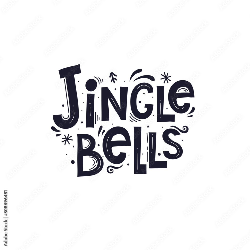 jingle bells. Christmas vector illustration with hand drawing lettering, decor elements. typography font flat style. holiday theme design for greeting cards, poster decoration