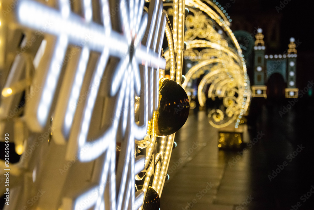 Naklejka premium New year preparetions in Moscow, Russia. Bright lights at night