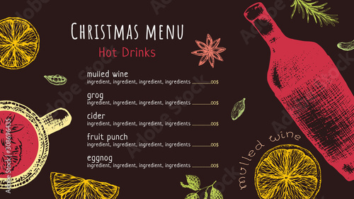 Stock vector illustration mulled wine Merry Christmas Menu template top view. Hot alcohol drink and ingredients spices, herbs, fruits. Winter beverage banner menu with grog, cider, for cafe, bar 