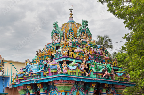 Beautiful view of a colorful decorated roof at the Sri raja rajesweri amman koil Hindu temple in Sumatra, Indonesia