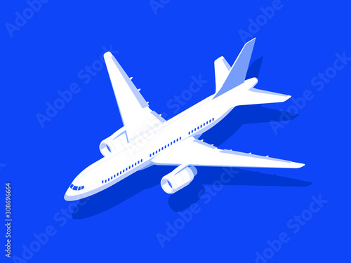 Airplane on blue background. Aircraft flight travel. Isometric design vector illustration