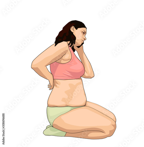 plus size girl with smartphone in bikini. Beautiful overweight woman.