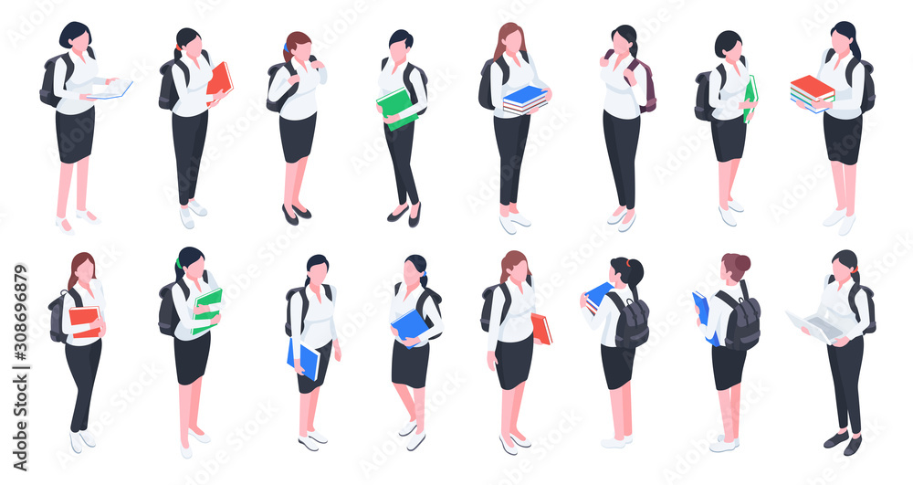 Group of college and university students. Isometric young people. Student set with books and backpacks isolated on white background 