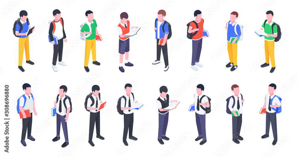 Group of college and university students. Isometric young people. Student set with books and backpacks isolated on white background 