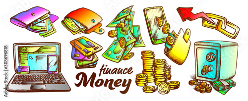 Money Finance Collection Monochrome Set Vector. Wallet With Money Cash And Coins, Safe And Blockchain, Laptop And Mobile. Engraving Template Hand Drawn In Vintage Style Color Illustrations