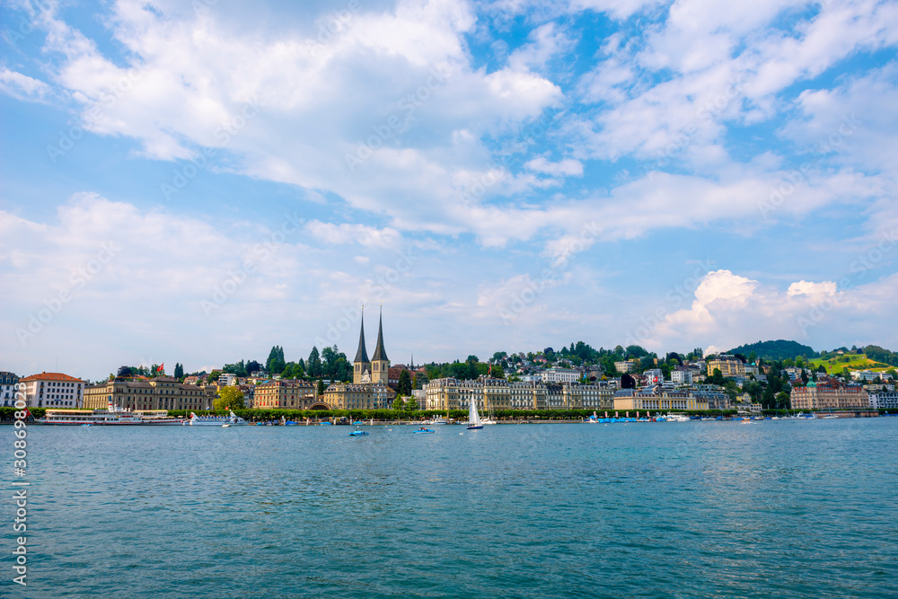 City of Lucerne and Lake with Luxury Hotel in Switzerland.