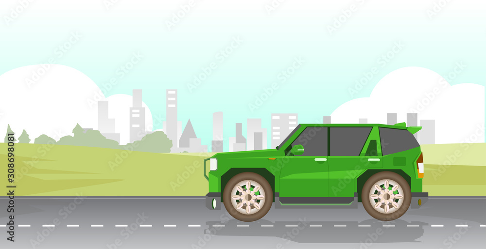 Family car travel on the road with grass and city for background. Family car travel on the road with grass and city for background.