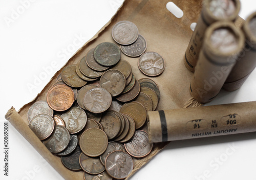 Sealed and open roll with 1 wheat  cent coins