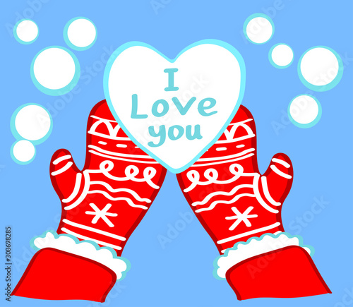 A heart of snow lies in mittens on a blue background. Vector illustration.