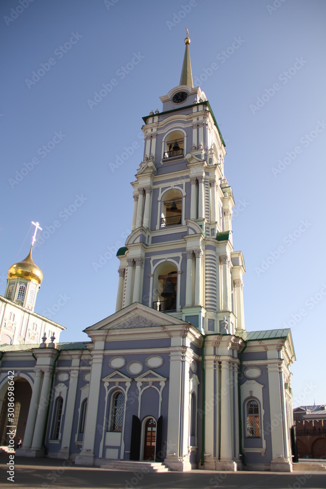 Bell tower of the assumption Cathedral of the Tula Kremlin on a Sunny day. Architectural landscape. Tourism in Russia. Travel to places of interest. The journey to the Russian Orthodox culture