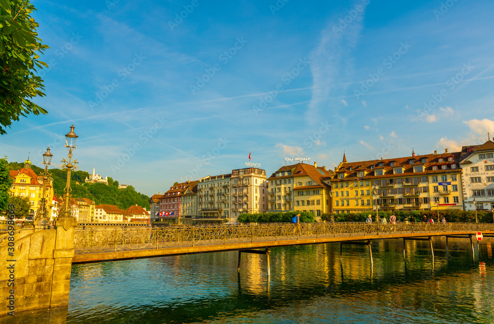 Naklejka premium Reuss River and City of Lucerne in Switzerland.