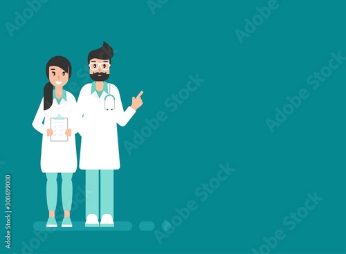 Two doctors on blue background. Medical internet consultation. Healthcare consulting web service.
