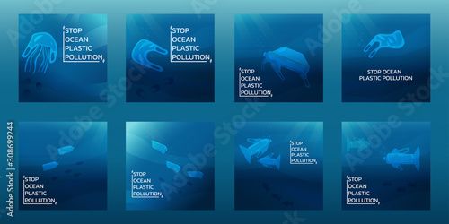 collection of stop ocean environmental pollution concept, plastics bottle in marine shape, trash, garbage and waste bag underwater, vector illustration