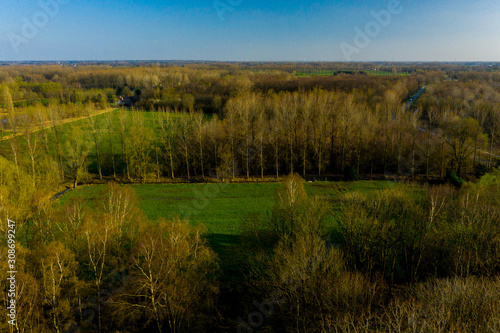 Aerial view of green fields next to a forest, in Stekene, East Flanders, Belgium