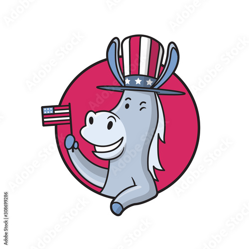 Democratic donkey cartoon mascot character wearing Uncle Sam's Hat holding flag of the USA vector illustration