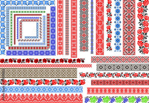 Set of editable traditional seamless ethnic patterns for embroidery stitch. Vintage floral and geometric ornaments. 