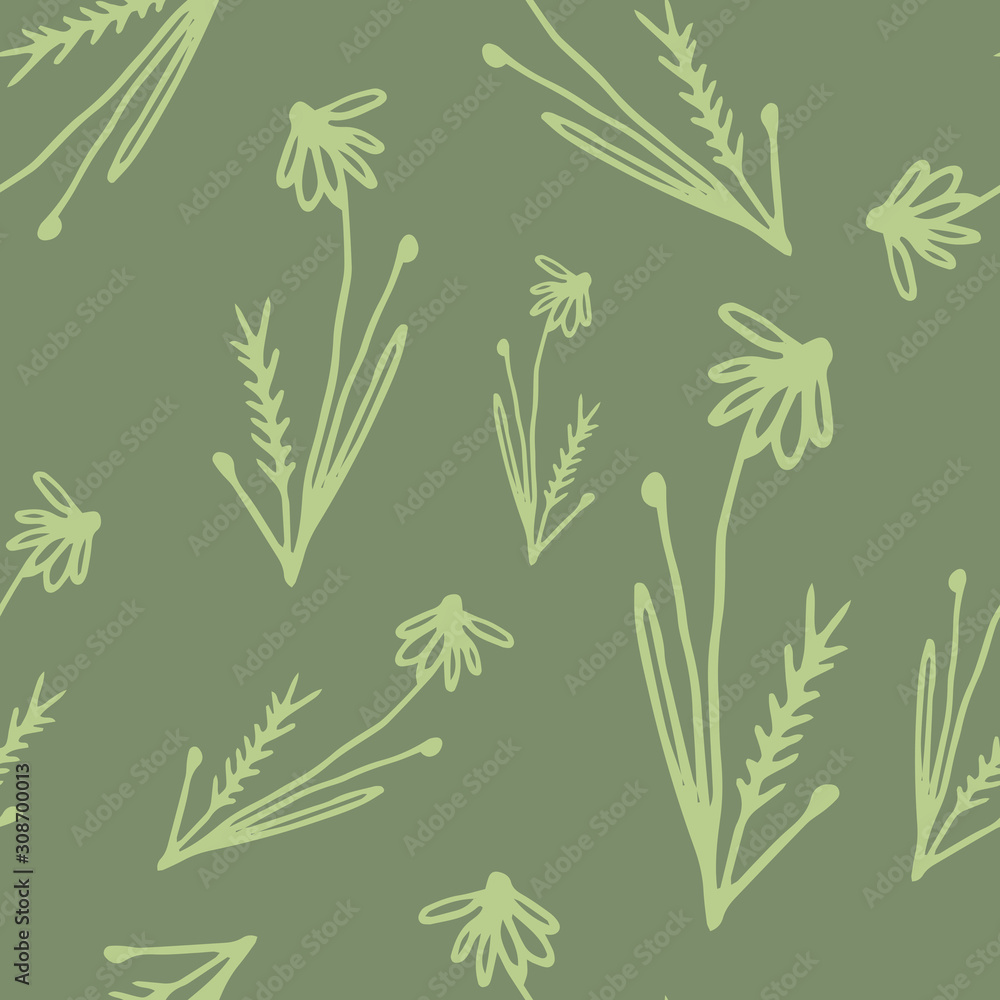 Naklejka premium Floral seamless pattern in line art style. Abstract botanical print of flowers, leaves, twigs. Textile design texture. Spring blossom background. Vector illustration.