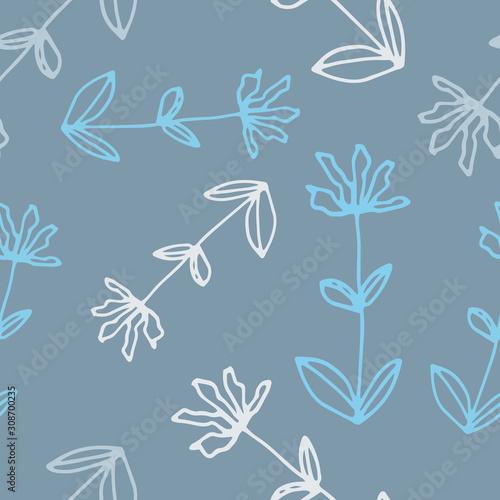 Floral seamless pattern in line art style. Abstract botanical print of flowers, leaves, twigs. Textile design texture. Spring blossom background. Vector illustration.