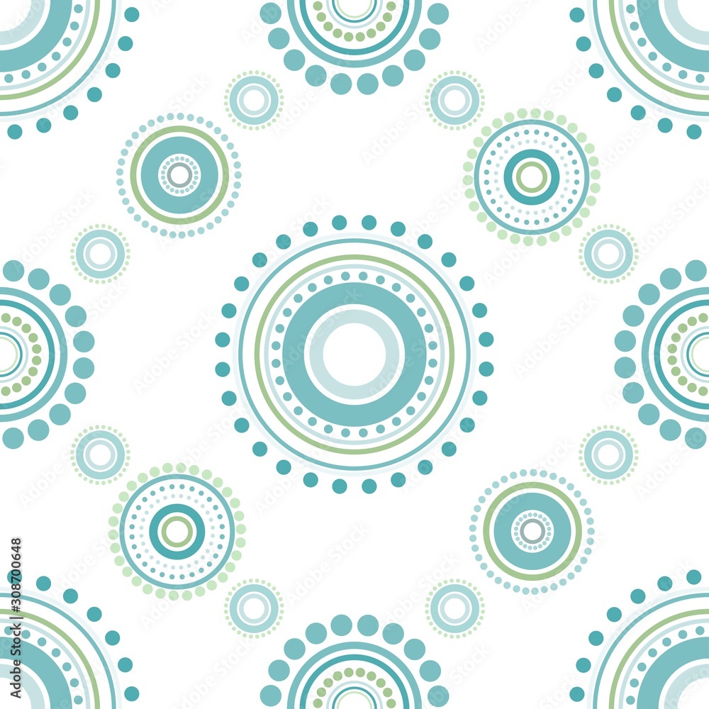 Seamless abstract pattern of circles and dots of green and turquoise colors.