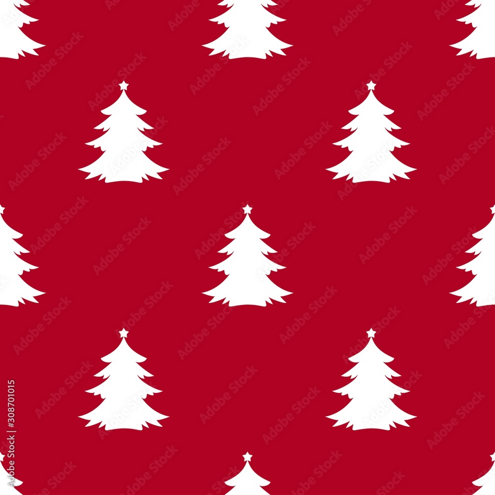Obraz premium White fir-trees with stars on red background. Forest blizzard. seamless winter pattern with spruce.