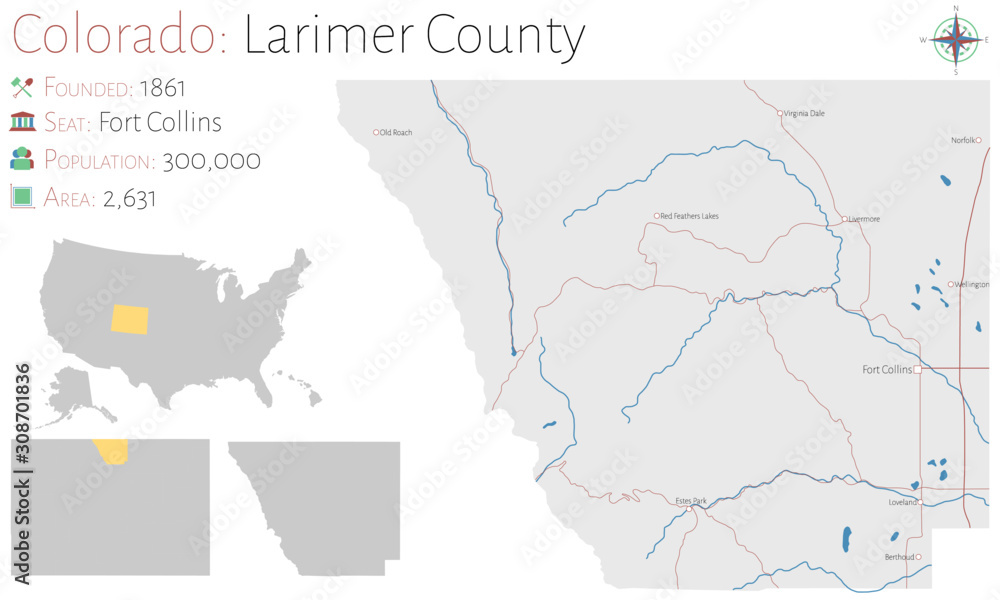 Fototapeta premium Large and detailed map of Larimer county in Colorado, USA.