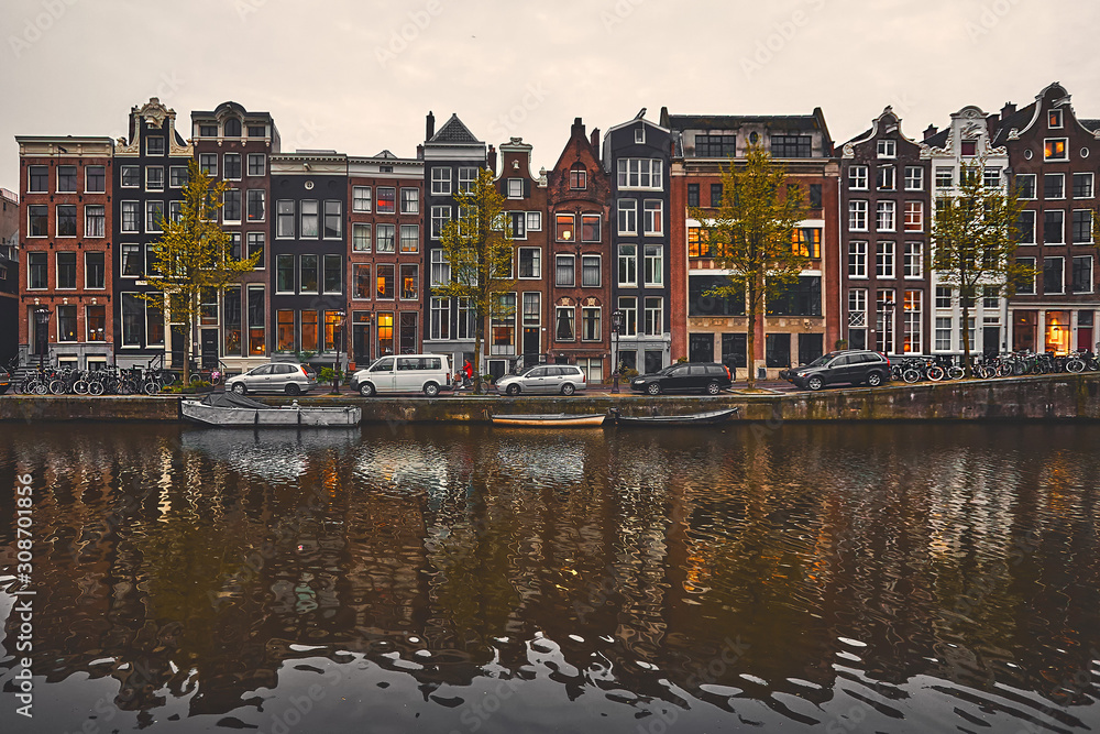 Evening view of traditional dutch houses in Amsterdam