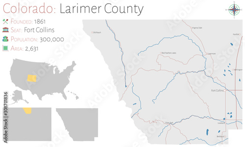 Large and detailed map of Larimer county in Colorado, USA.