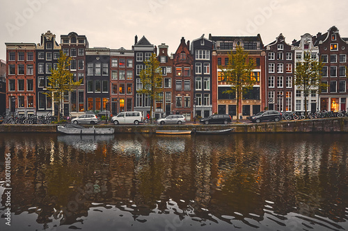Evening view of traditional dutch houses in Amsterdam