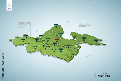 Stylized map of Bangladesh. Isometric 3D green map with cities, borders, capital Dhaka, regions. Vector illustration. Editable layers clearly labeled. English language.