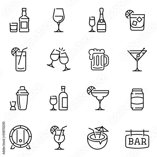Alcohol drinks thin line vector icons set