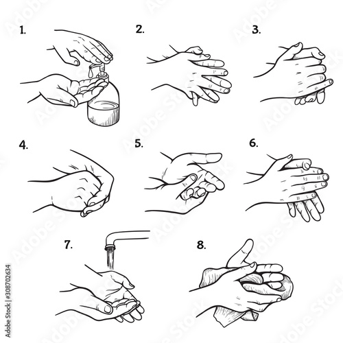 Hand washing instructions black and white illustrations set