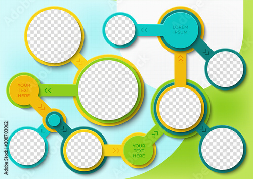 Template for photo collage or infographic in modern style. Frames for clipping masks are in the vector file. Template for a photo album with circle shapes frames	