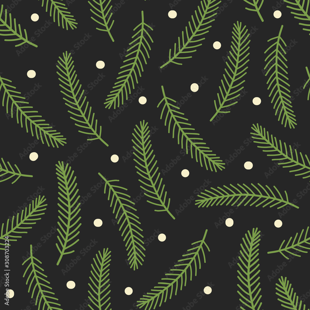 Cartoon fir branch seamless pattern isolated on black.