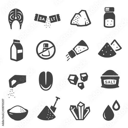 Salt manufacturing and consumption glyph icons set