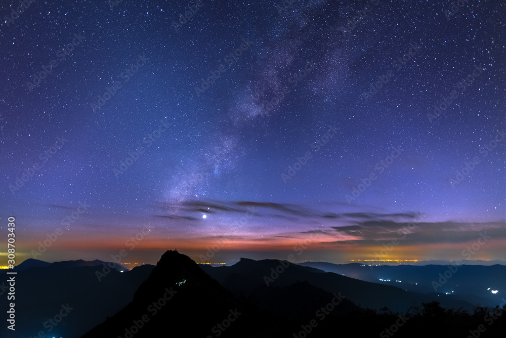 Milky Way over the mountain with twilight sky 
