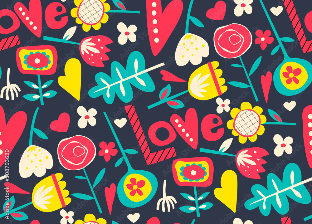 Seamless psttern. Vector illustration with flovers and hearts. Black background Seamless psttern. Vector illustration with flovers and hearts. Black background