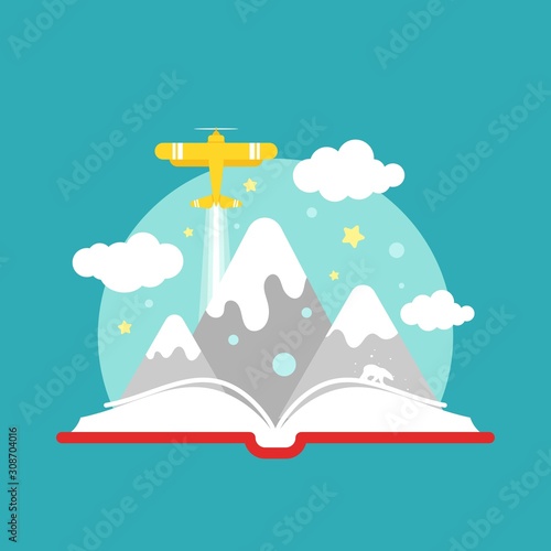 Fototapeta Naklejka Na Ścianę i Meble -  Open book with retro air plane, clouds, bear and mountains on blue background.