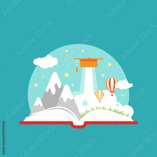 Open book with retro air balloon, clouds, mortar board and mountains on blue background.