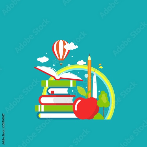 Stack of books, open book, air balloon, apple and rainbow on blue background.
