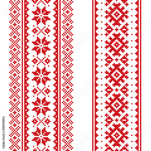 Winter vector seamless pattern set - two Christmas vertical designs, Sami people, Lapland folk art design, traditional knitting and embroidery