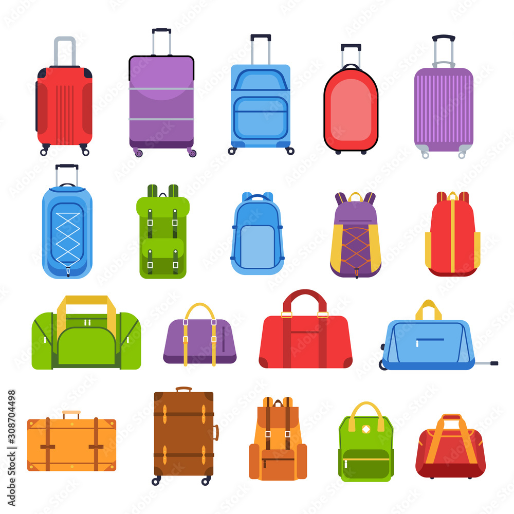 Baggage suitcases. Luggage and handle bags, backpacks, leather case, travel suitcases and bag for trip, tourism and vacation isolated vector icons set. Travel accessories colorful flat illustrations Baggage suitcases. Luggage and handle bags, backpacks, leather case, travel suitcases and bag for trip, tourism and vacation isolated vector icons set. Travel accessories colorful flat illustrations