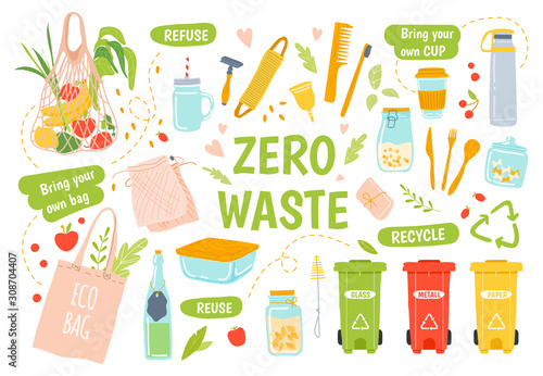 Ecology reusables. Zero waste, recycle and reusable products. Wooden toothbrush and hairbrush, glass jars, keep cap and eco grocery bag vector illustration set. Waste sorting. Refuse plastic idea