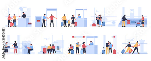 Tourists in airport. People waiting for plane in terminal  tourist characters receive passport control  pass luggage inspection or get luggage vector illustration set. Passengers before departure