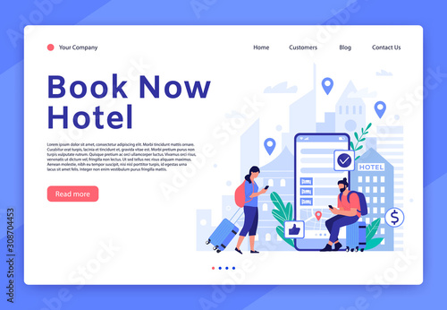 Hotel booking website. Mobile app for tourists and travellers, hotel room reservation digital service concept vector landing page template. Accommodation search tool. People with luggage illustration