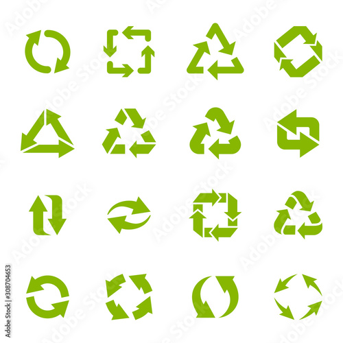 Recycle arrows. Garbage circular, triangle and square recycling icons, eco protection elements and recycled eco sign vector isolated icons set. Waste disposal alternative. Sustainable resource use