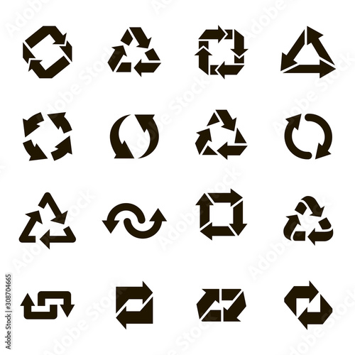Recycle round icons. Recycling arrow sign, organic ecology protection elements, environmental conservation vector isolated icons set. Waste management label. Sustainable solution. Pollution prevention