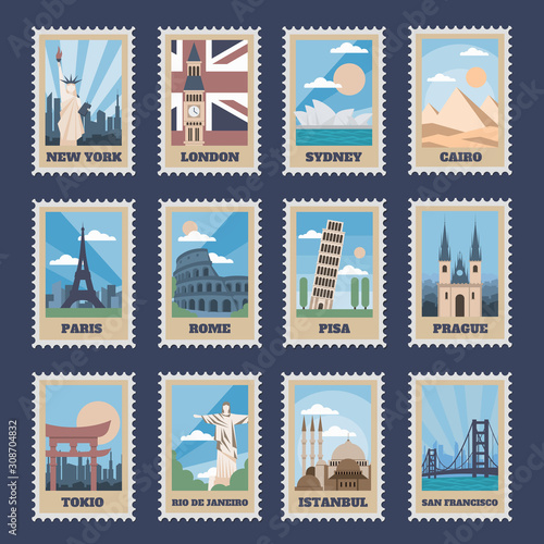 Travel postage stamps. Vintage stamp with national landmarks, retro stamping postmark world attractions and most popular points of world vector isolated icon set. Travel postcards with famous places