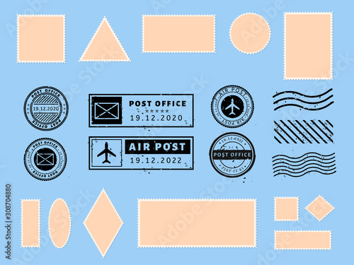 Postcard stamp. Paper postcards and air boarder stamp frames, passport visa international arrived stamps and philatelic postcards template vector illustration set. Blank mailing labels. Post marks