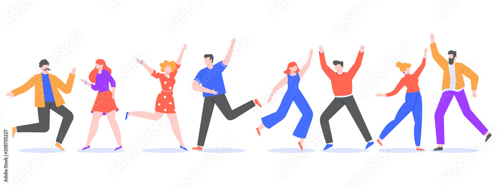 Happy dancing people. Exciting modern characters dancing together, cheerful female and male dancers. Joyful friends at music party isolated vector illustration. Celebration. Faceless humans set